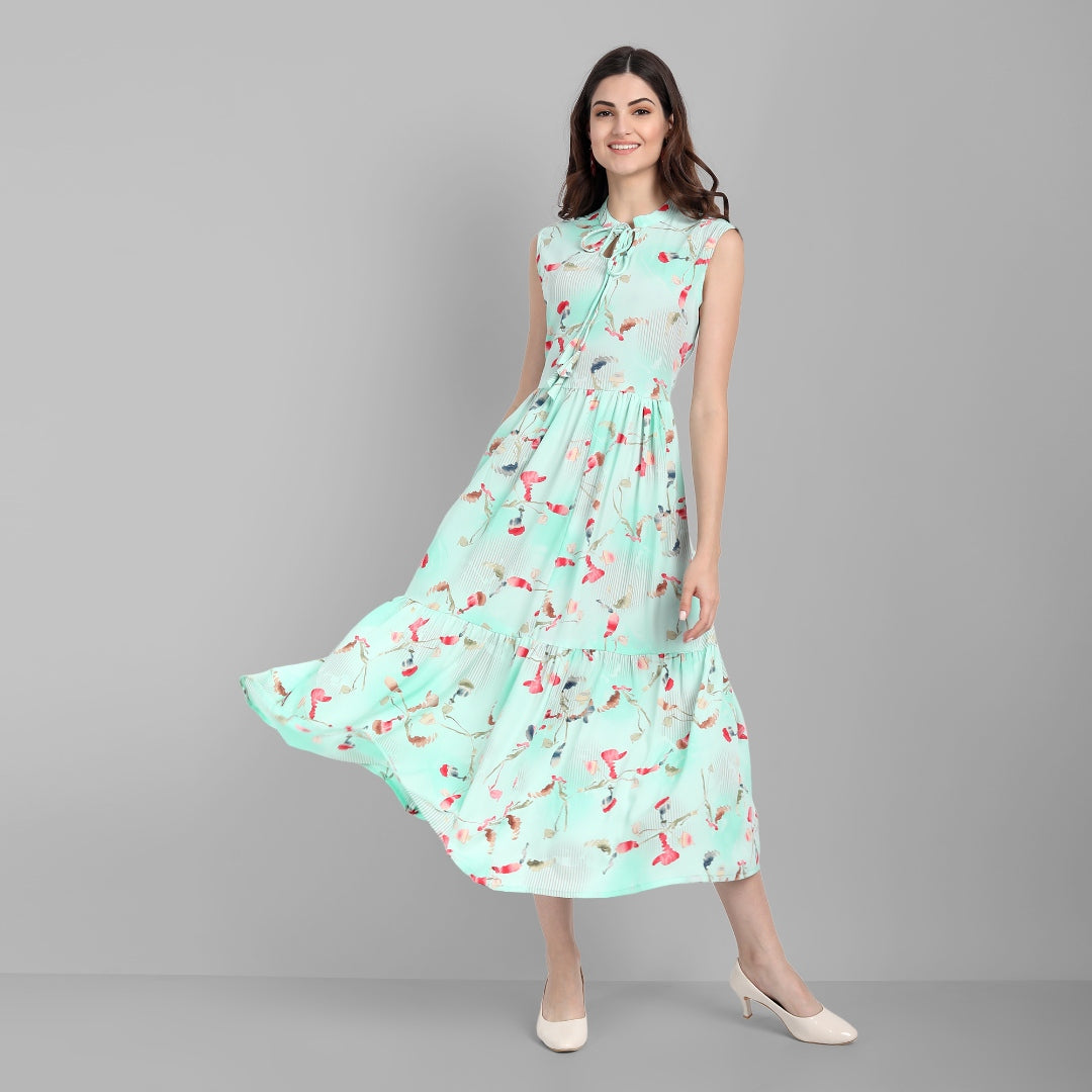 Women's Crepe Printed Sky Blue Flared Dress - Singni