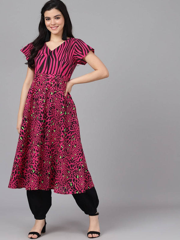 Women's  Magenta & Brown Animal Printed Anarkali Kurta - AKS