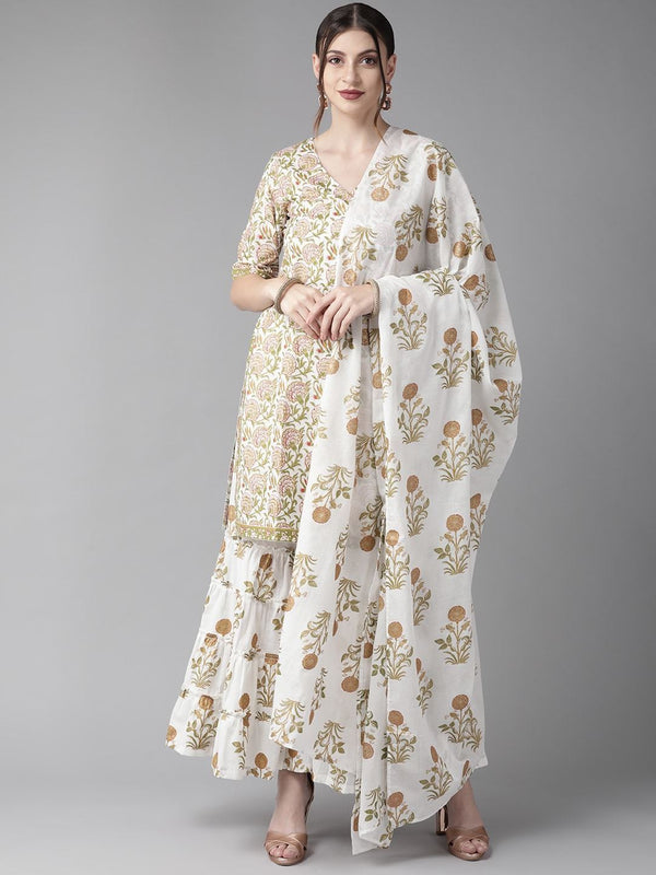 Women's  White & Olive Green Printed Kurta with Sharara & Dupatta - AKS