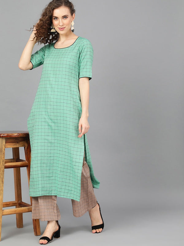 Women's  Green & Brown Checked Kurta with Palazzos - AKS