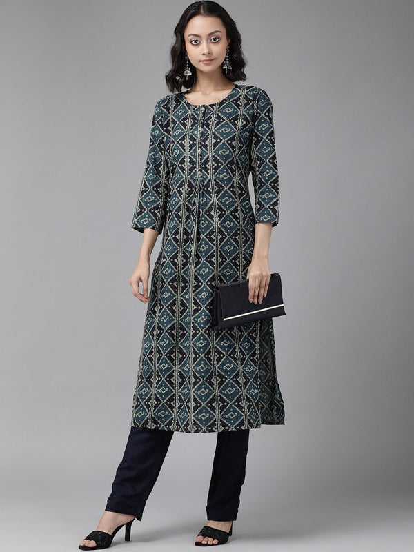 Women's Teal Blue & Black Kurta Set - Yufta