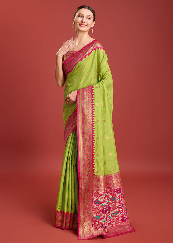 Women's Parrot Green Colour Patola Printed Designer Kanjivaram Silk Sarees - Monjolika