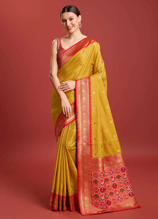 Women's Mustard Colour Patola Printed Designer Kanjivaram Silk Sarees - Monjolika