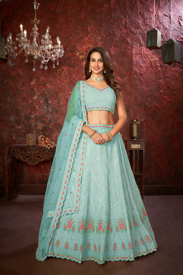 Women's Blue Fox Georgette Thread And Sequins Embroidery Lehenga Choli - Kesar Fab