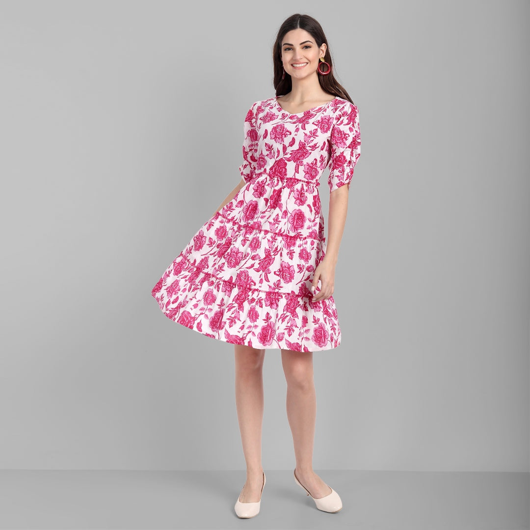 Women's Cotton Printed Pink Flared Dress - Singni