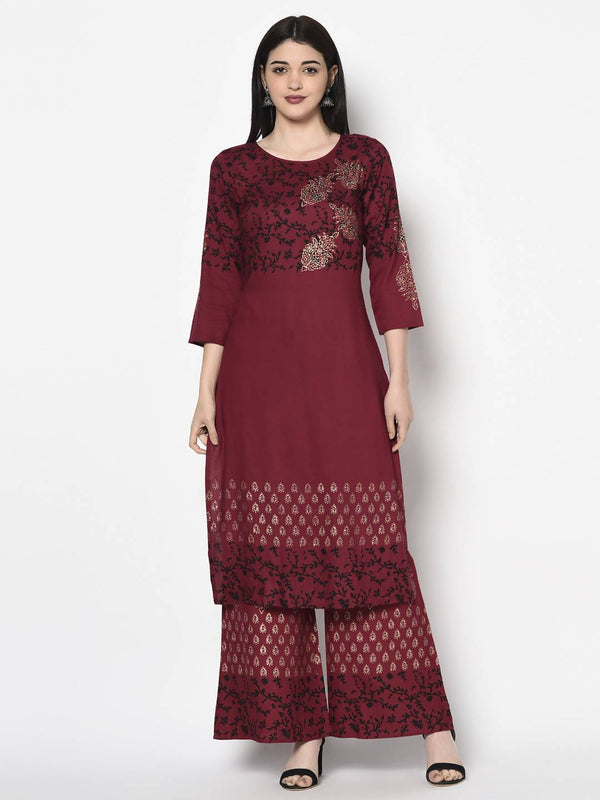 Women's Maroon Rayon Block print straight kurta - Aniyah