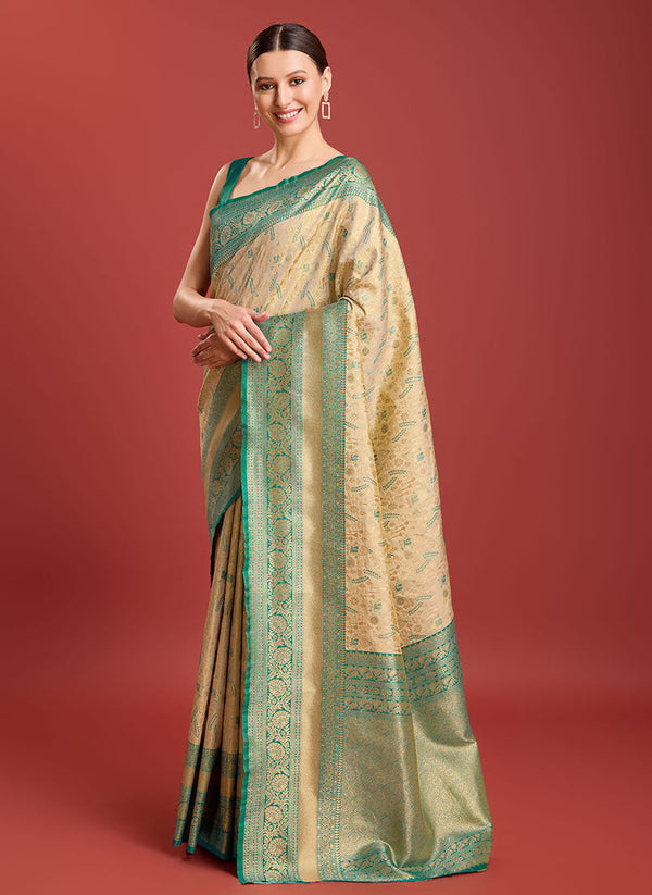 Women's Beige Colour Kanjivaram Silk Woven Traditional Sarees - Monjolika