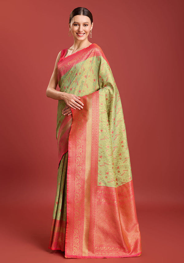 Women's Pastel Green Colour Kanjivaram Silk Woven Traditional Sarees - Monjolika