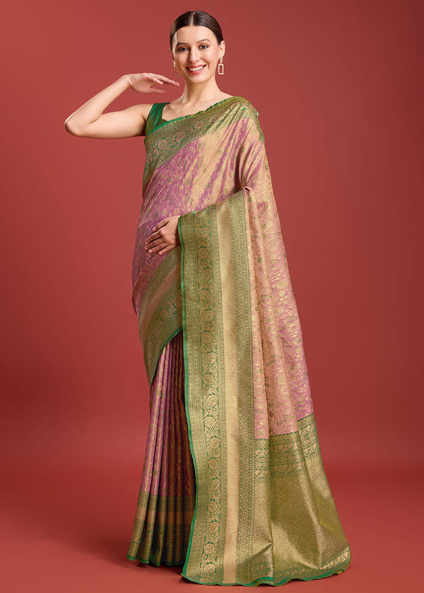 Women's Rose Pink Colour Kanjivaram Silk Woven Traditional Sarees - Monjolika