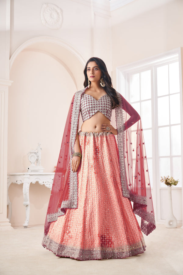 Women's Peach Soft Net Lehenga Choli - Kesar Fab