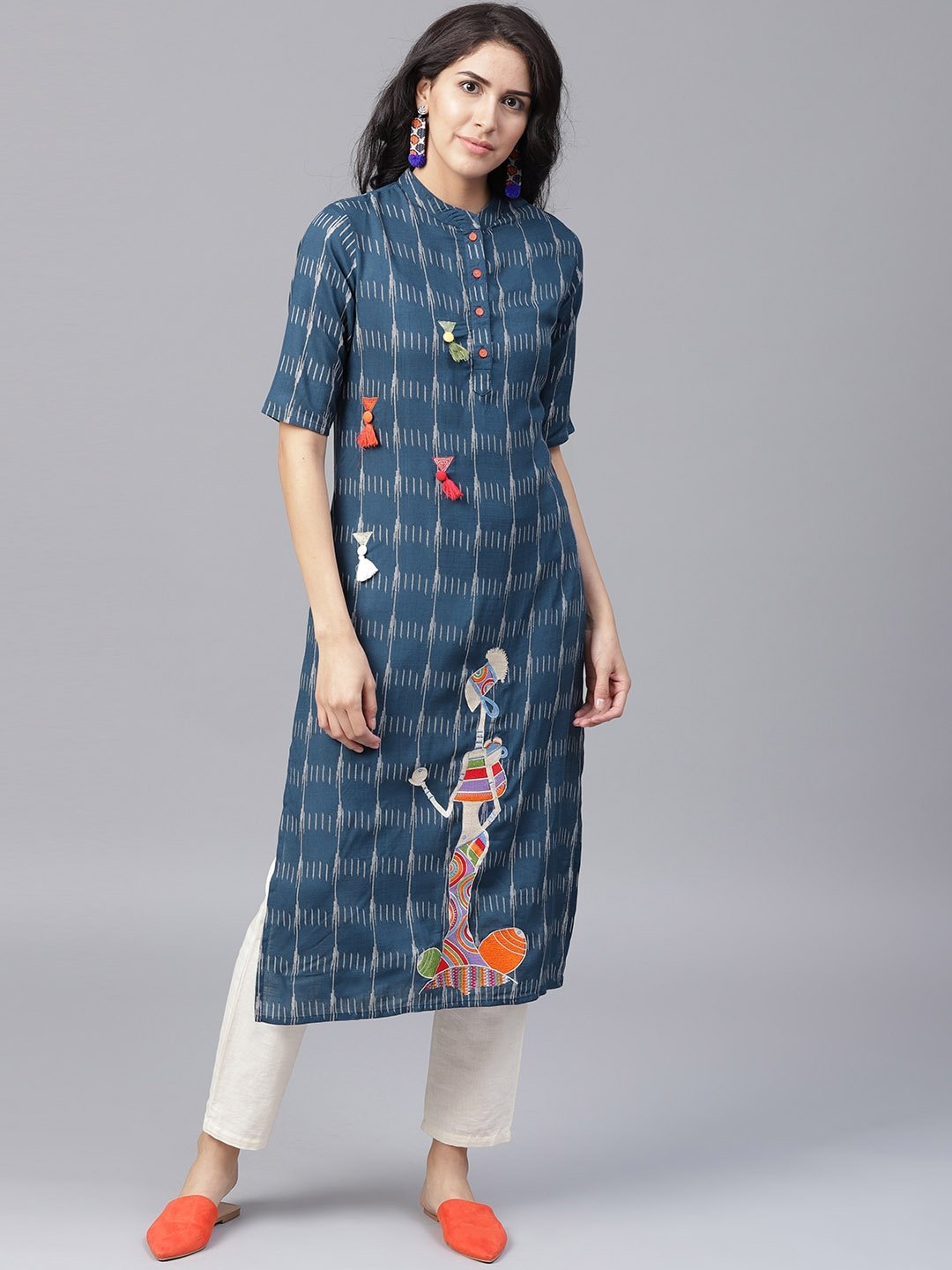 Women's Navy Blue & Off-White Printed Kurta - Yufta