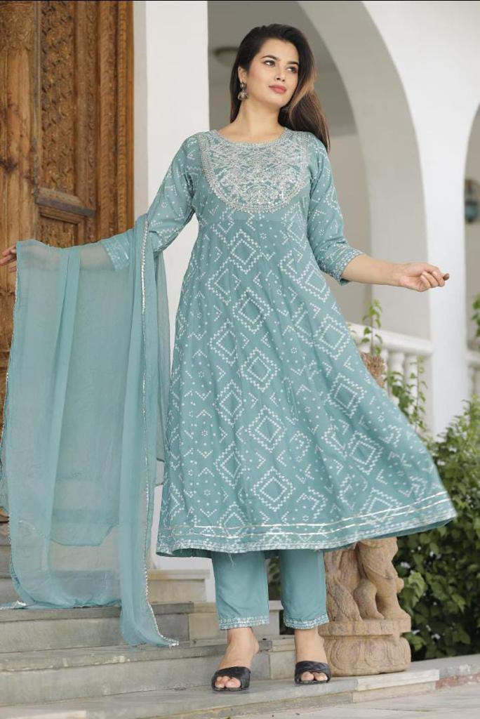 Women's Anarkali Rayon Printed Embroidered Kurta With Pants And Dupatta  - Singni