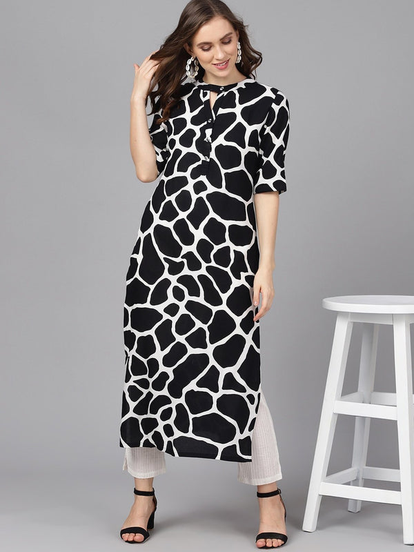 Women's  Black & White Printed Straight Kurta - AKS