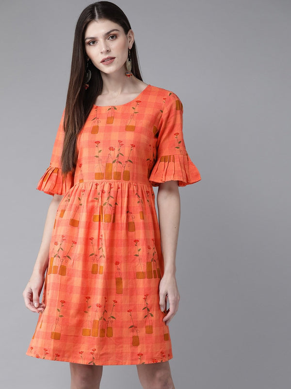 Women's  Orange & Mustard Brown Printed Fit and Flare Dress - AKS