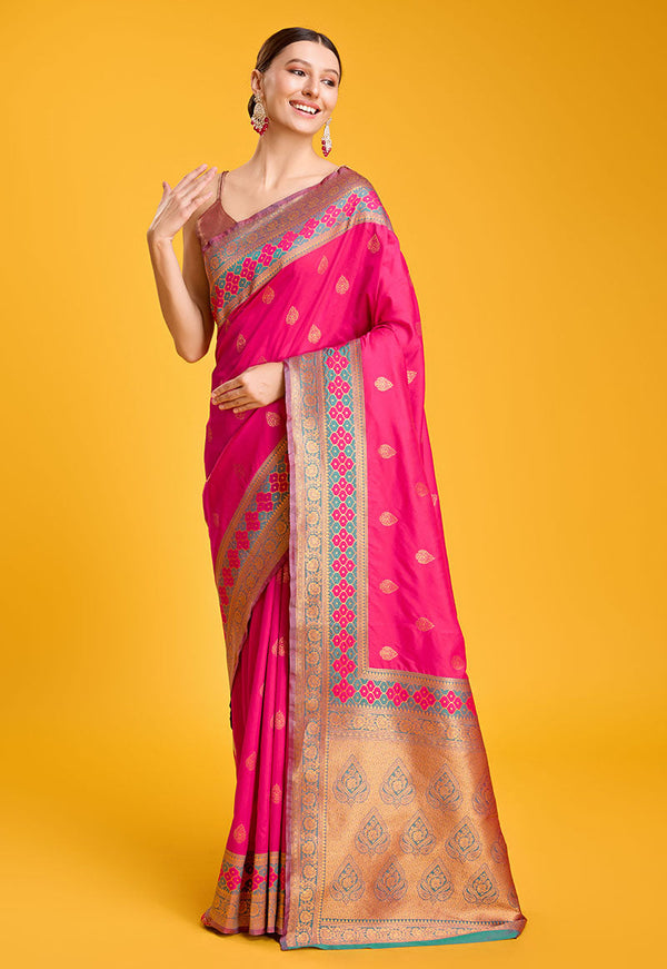 Women's Rani Pink Colour Woven Banarasi Silk Saree For Women - Monjolika