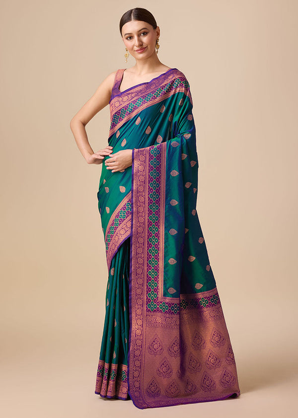 Women's Dark Teal Colour Woven Banarasi Silk Saree For Women - Monjolika