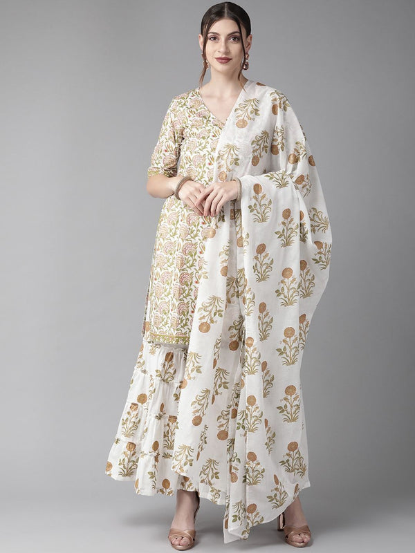 Women's  White & Olive Green Printed Kurta with Sharara - AKS