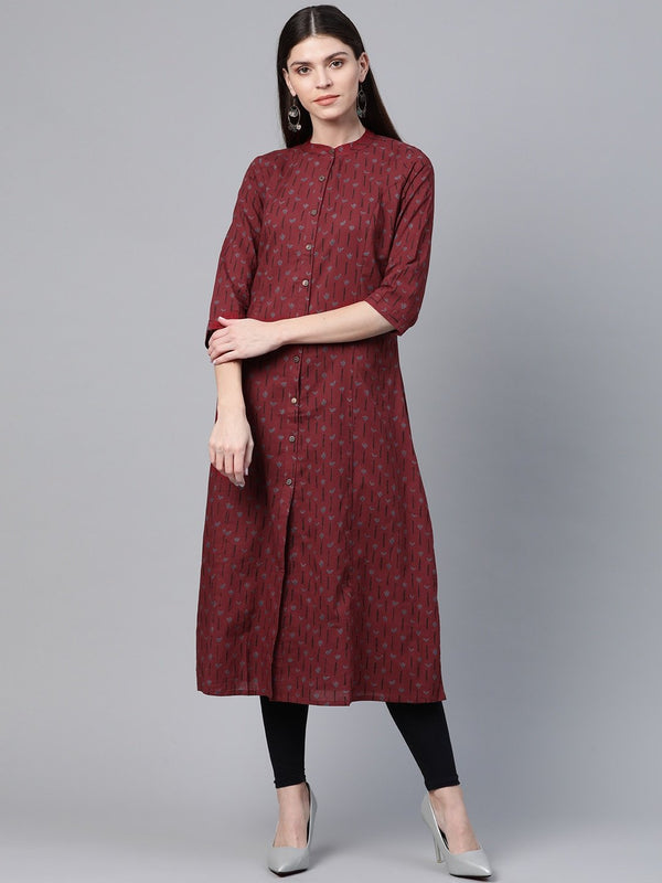 Women's  Maroon & Blue Printed A-Line Kurta - AKS