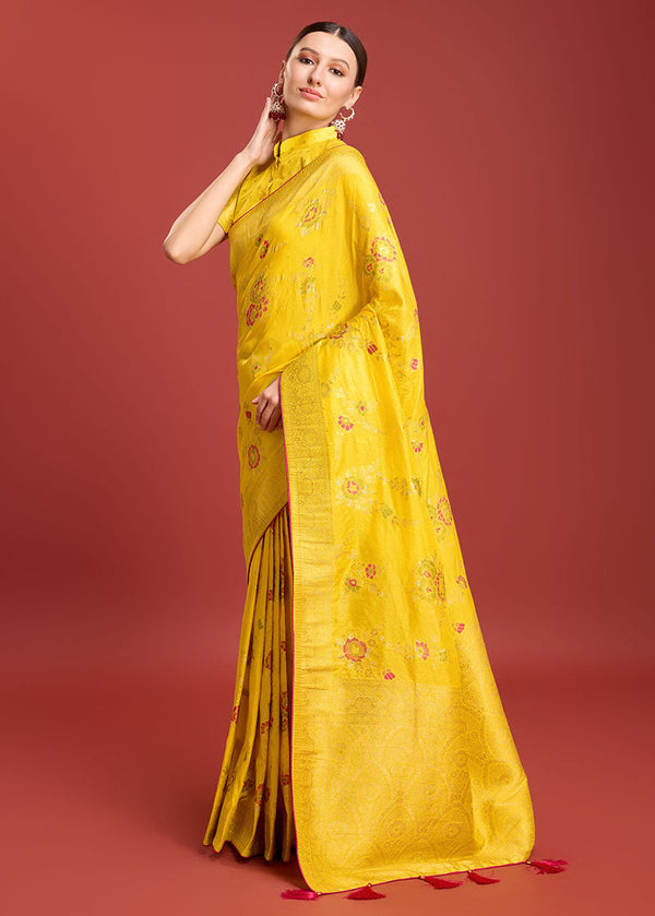 Women's Yellow Colour Woven Banarasi Viscose Silk Saree For Women - Monjolika