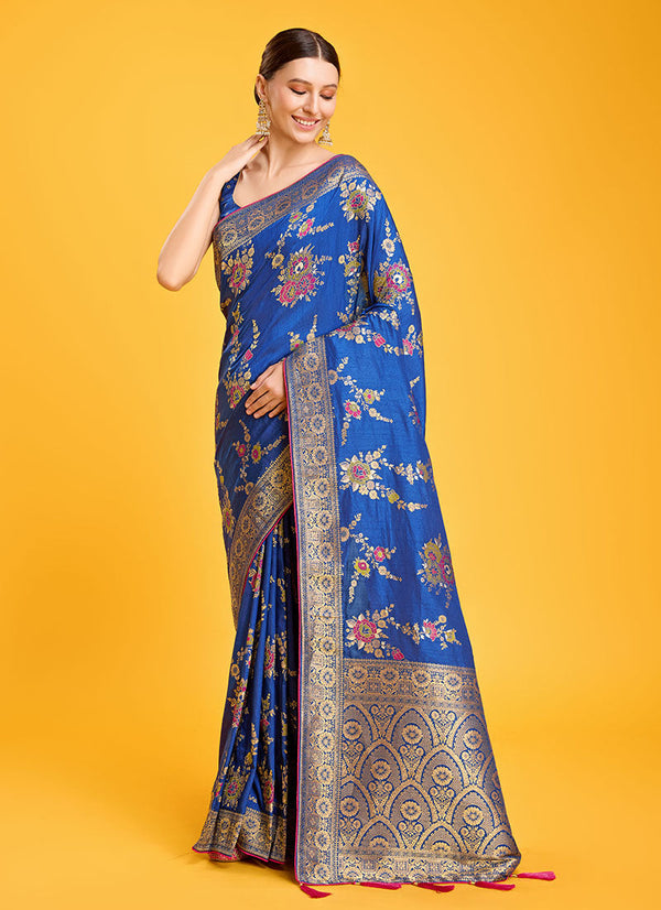 Women's Blue Colour Woven Banarasi Viscose Silk Saree For Women - Monjolika