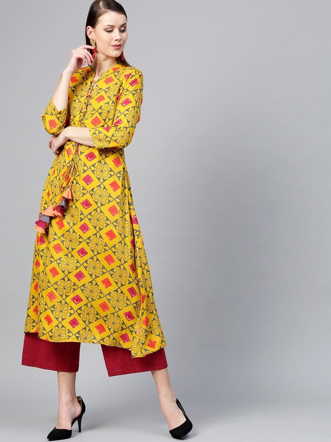 Women's Mustard Yellow & Grey A-Line Kurta - Yufta