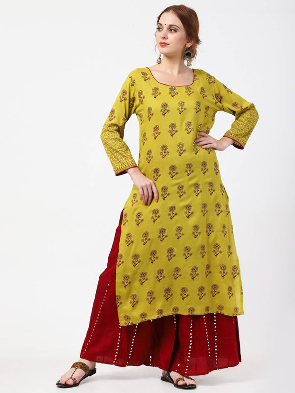 Women's Olive Yellow Rayon Straight Printed Kurta Only With Sequin Work - Cheera