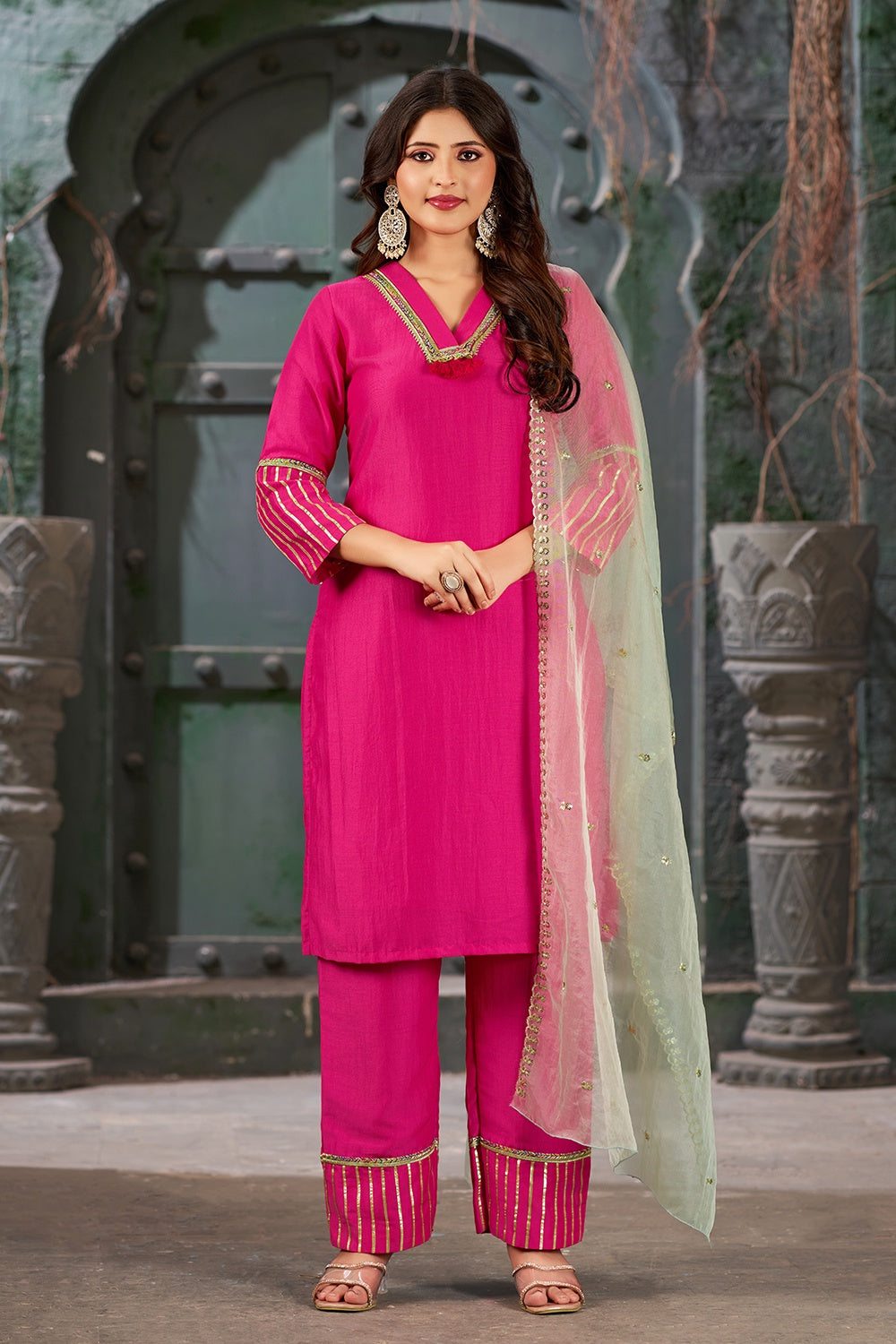 Women's Hot Pink Art Silk Straight Kurta Set With Trouser And Dupatta - Curvy Lane