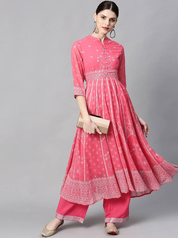 Women's Coral Georgette Printed Anarkali Kurta With Palazzo - Juniper