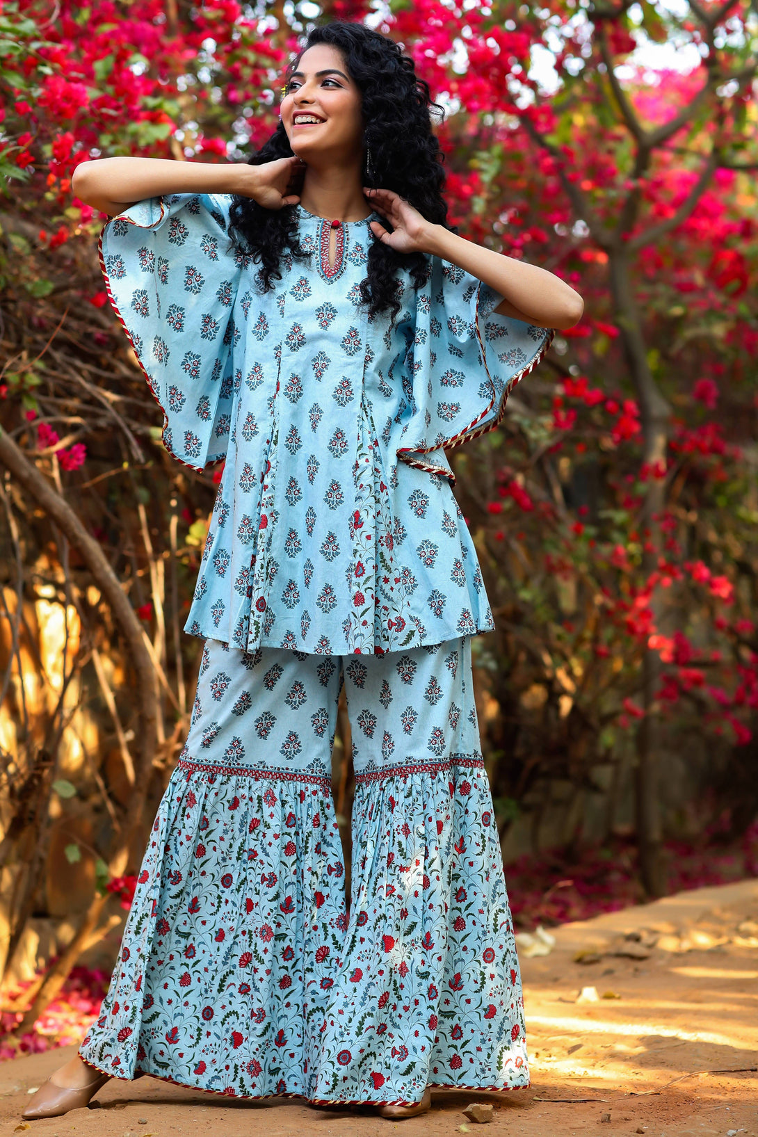 Women's Blue Cambric Floral Print Tunic Sharara Set With Mask - Juniper