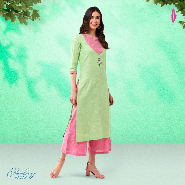 Women's Embroidered Chambray Kurta - Pannkh