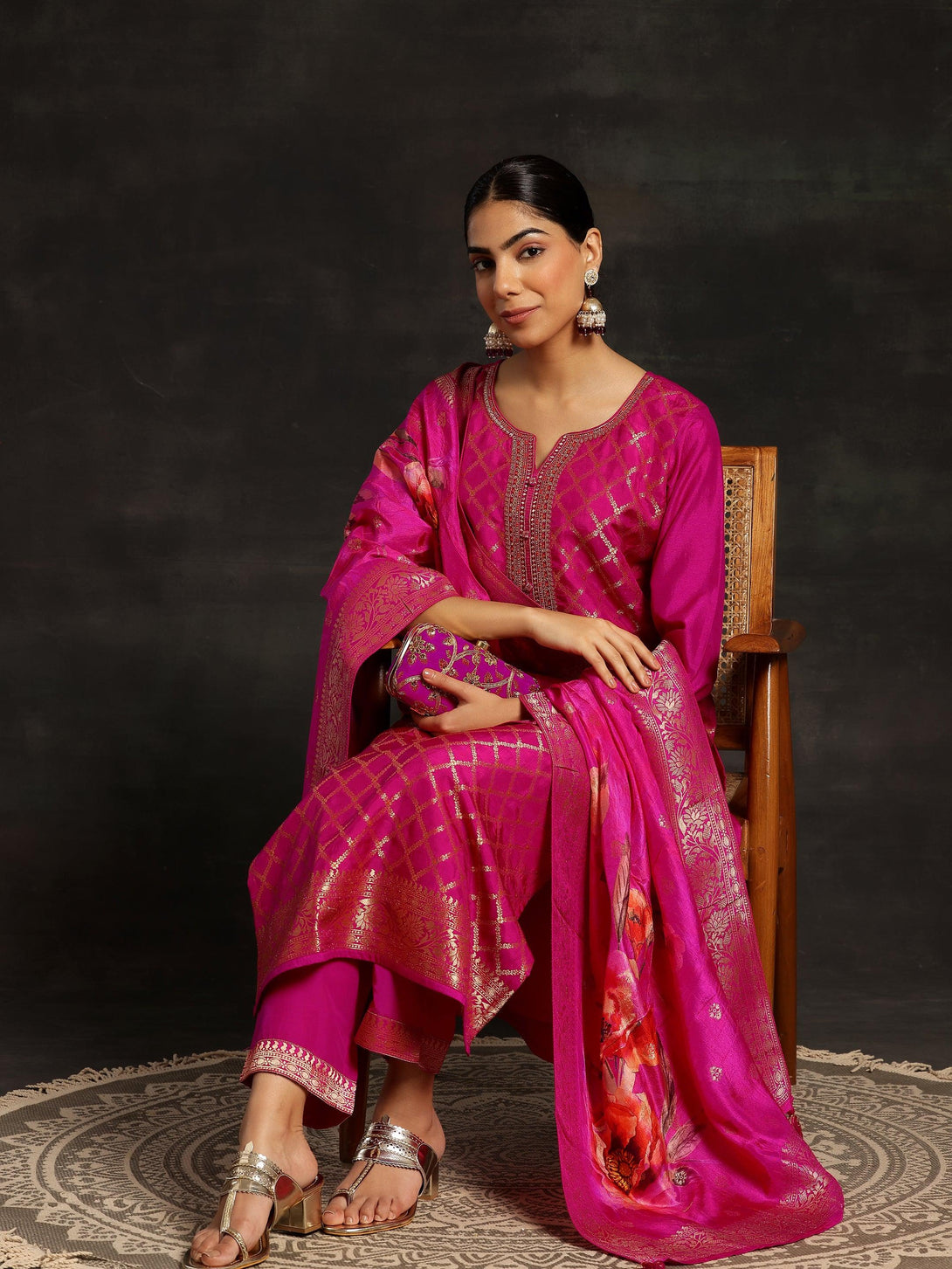 Pink Woven Design Silk Blend Straight Suit With Dupatta - Jashvi