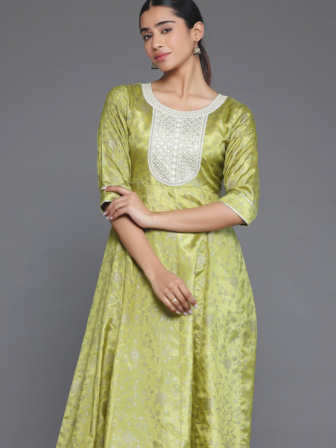 Green Printed Silk Blend A-Line Kurta With Trousers - Jashvi