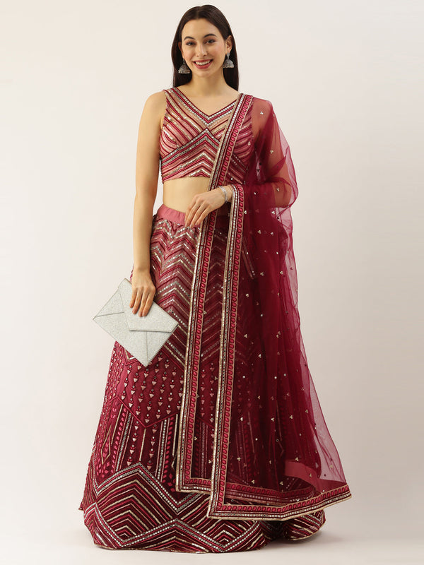 Women's Maroon Net Zig-Zag Embroideried Work Lehenga,Blouse & Dupatta - Royal Dwells