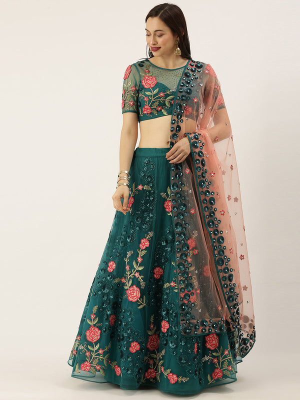 Women's Teal Net  Coding, Sequince And Saroski Stone Work Lehenga Choli - Royal Dwells