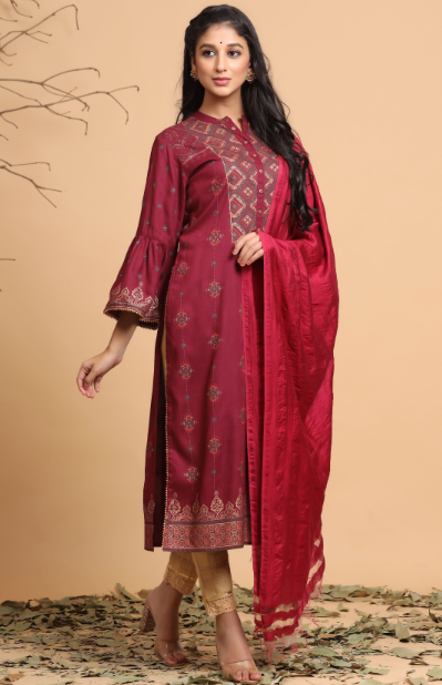 Women's Wine Rayon Printed Straight Kurta Dupatta Set With Rubber-Band - Juniper