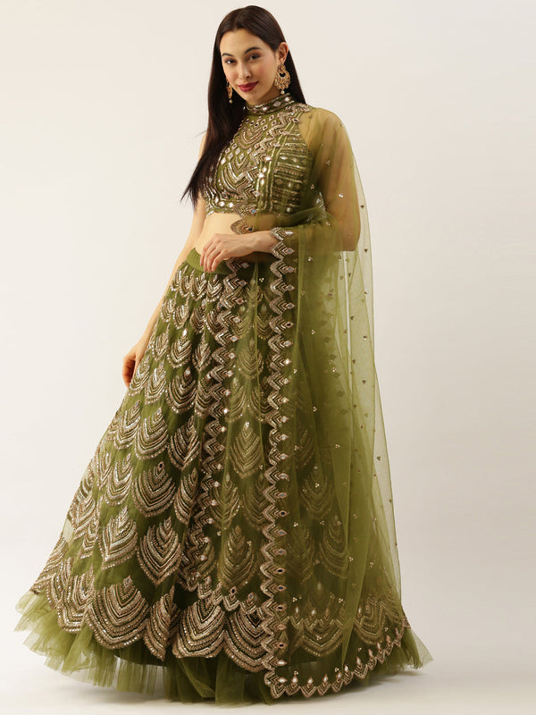 Women's Olive Net Embroidered Mirror Lehenga & Blouse With Dupatta - Royal Dwells