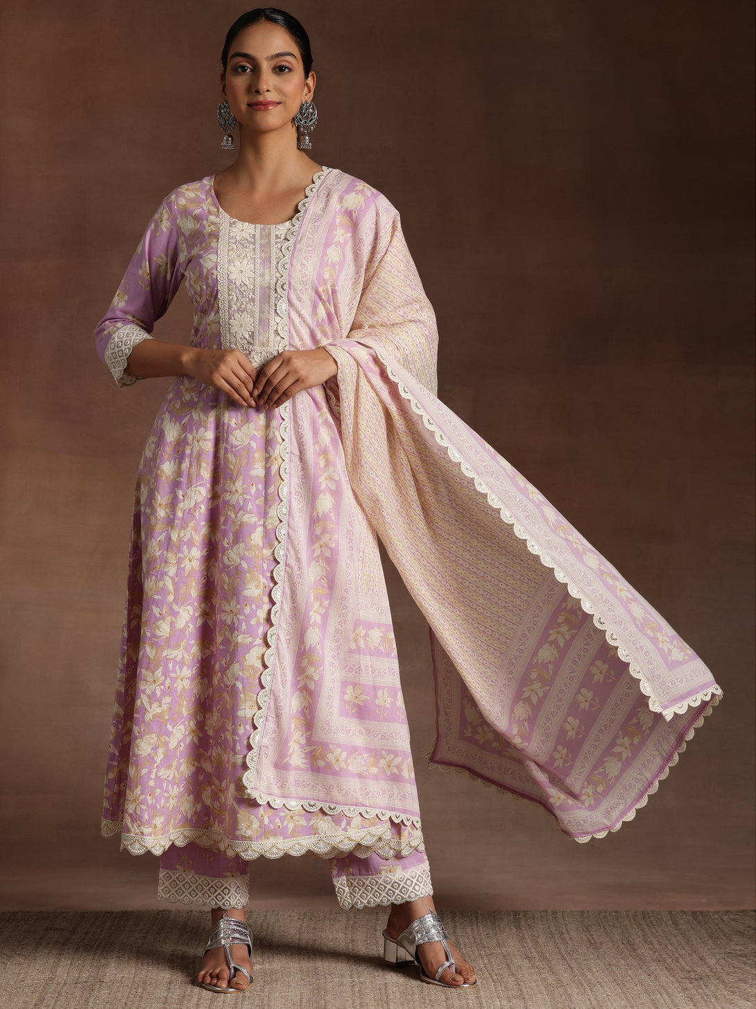 Dilbaro Purple Printed Cotton A-Line Kurta With Trousers & Dupatta - Jashvi