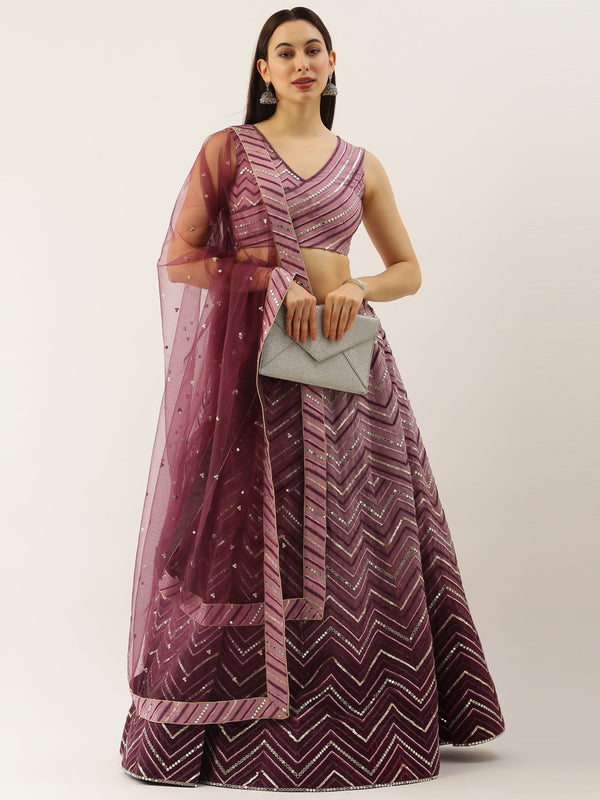 Women's Lavender Net Zig-Zag Embroideried Lehenga, Blouse & Dupatta - Royal Dwells