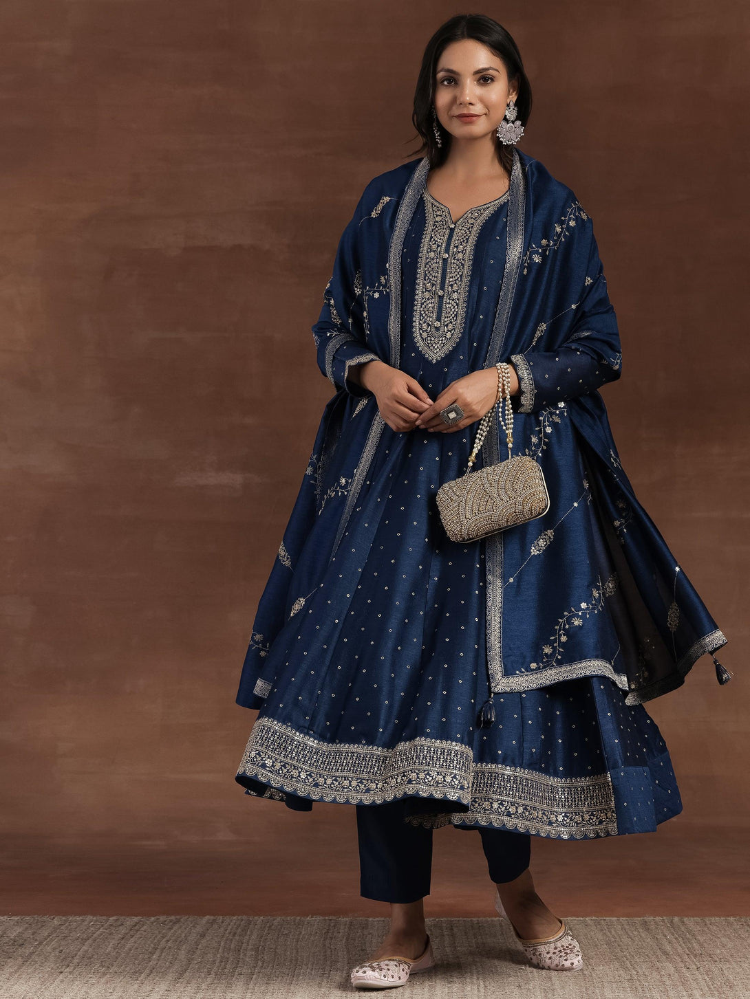 Rizwana Blue Embroidered Silk Blend A-Line Kurta With Trousers & Dupatta - Jashvi