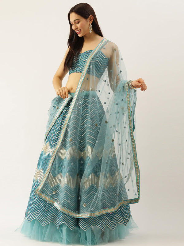 Women's Sea Green Net Zig-Zag Embroideried Lehenga, Blouse & Dupatta - Royal Dwells