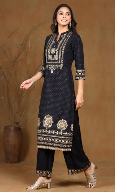 Women's Black Rayon Printed Straight Kurta Sets - Juniper