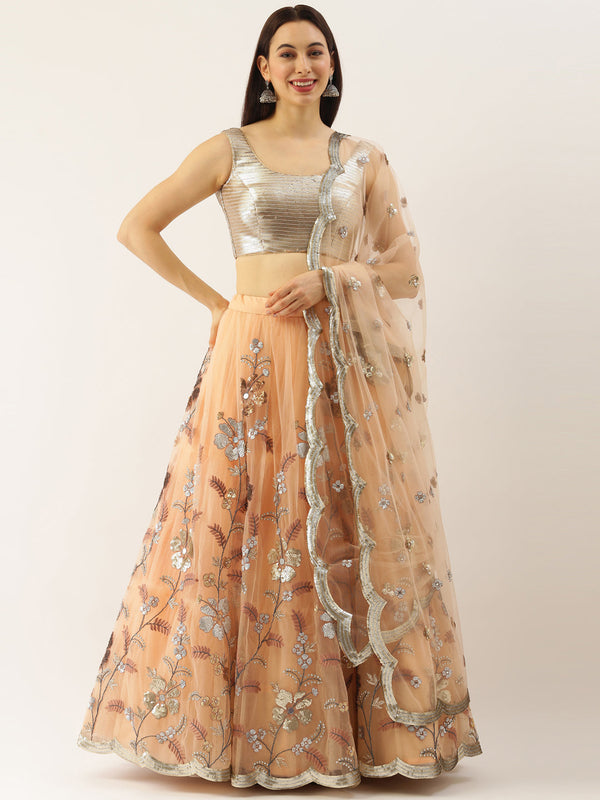 Women's Peach Net Sequince Work Lehenga & Blouse With Dupatta - Royal Dwells