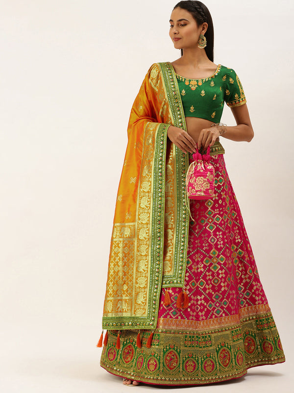 Women's Rose Poly Silk Jacquard Woven Work Lehenga & Blouse With Dupatta - Royal Dwells