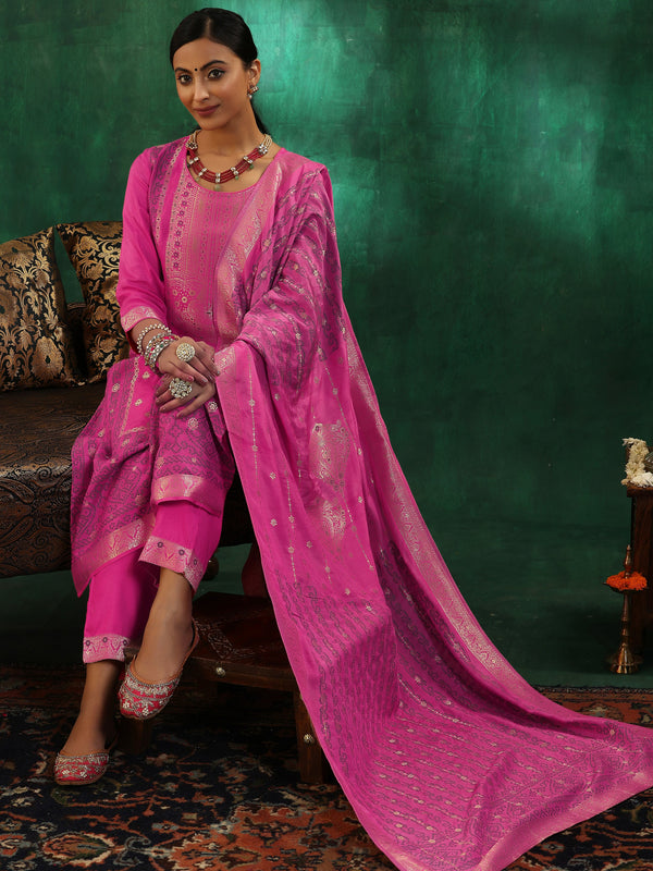 Pink Woven Design Silk Blend Straight Suit With Dupatta