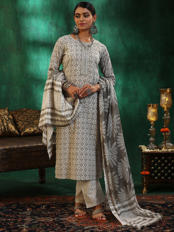 Grey Printed Cotton Straight Suit With Dupatta