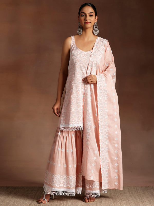 Peach Embroidered Cotton Straight Suit With Dupatta - Jashvi