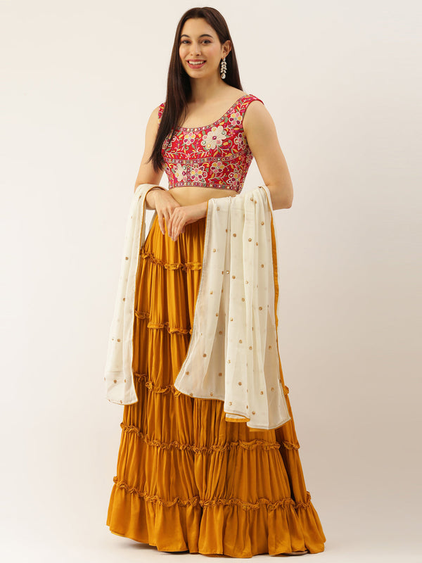 Women's Gold Pure Satin Full Flaired Ruffle & Frill Functional Lehenga & Choli & Dupatta - Royal Dwells