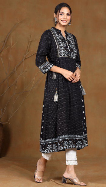 Women's Black Rayon Printed A-Line Kurta - Juniper