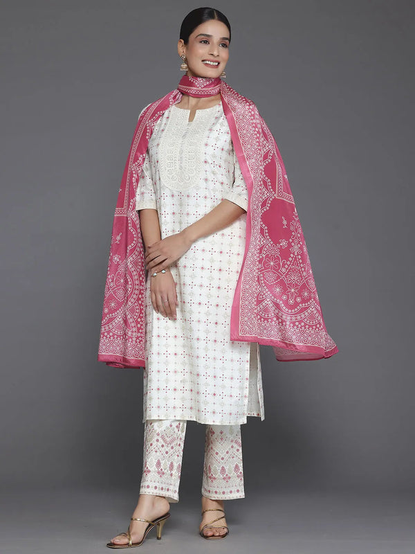 Off White Printed Silk Blend Straight Suit With Dupatta