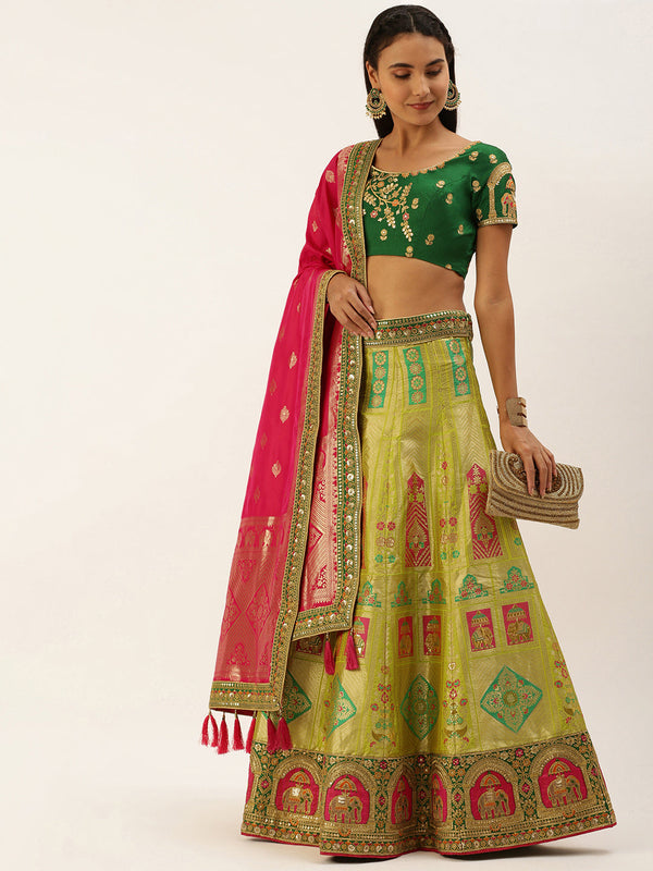 Women's Lime Green Poly Silk Jacquard Woven Work Lehenga & Blouse With Dupatta - Royal Dwells